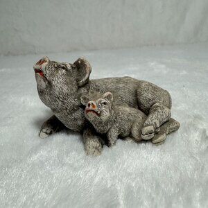 Pig Figurine Mother & Piglet Hand-Painted Stone Resin Collectible Sow & Piglet